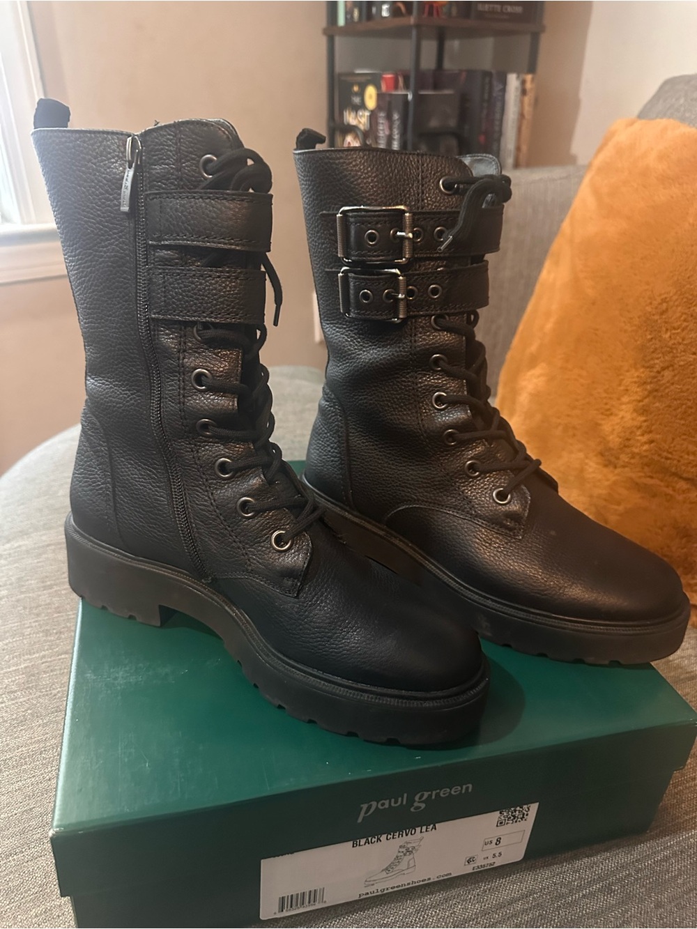 Paul Green Black Leather Lace-Up Combat Boots with Buckle Straps